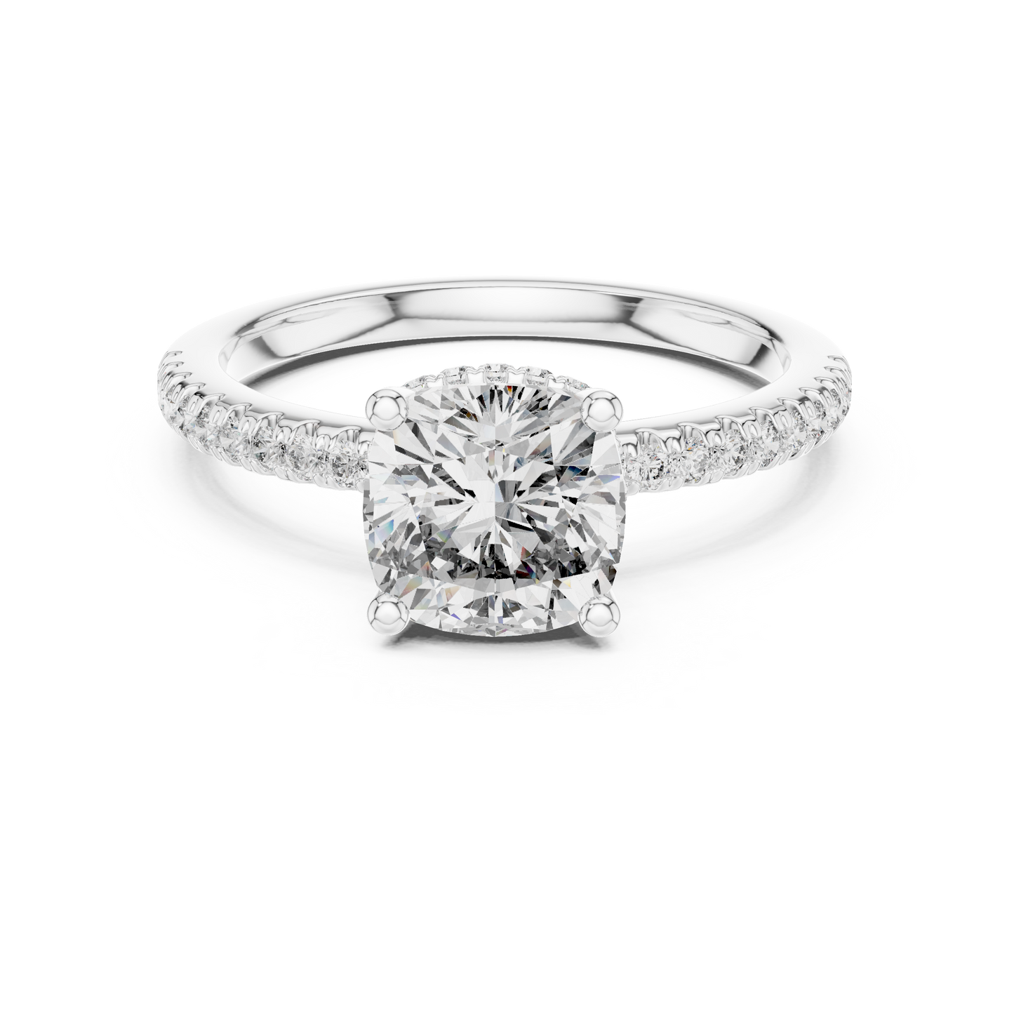 Cushion-cut halo engagement ring with pavé side stones in white gold

Elegant women’s engagement ring featuring cushion center and halo

Statement bridal ring with sparkling pavé side stones