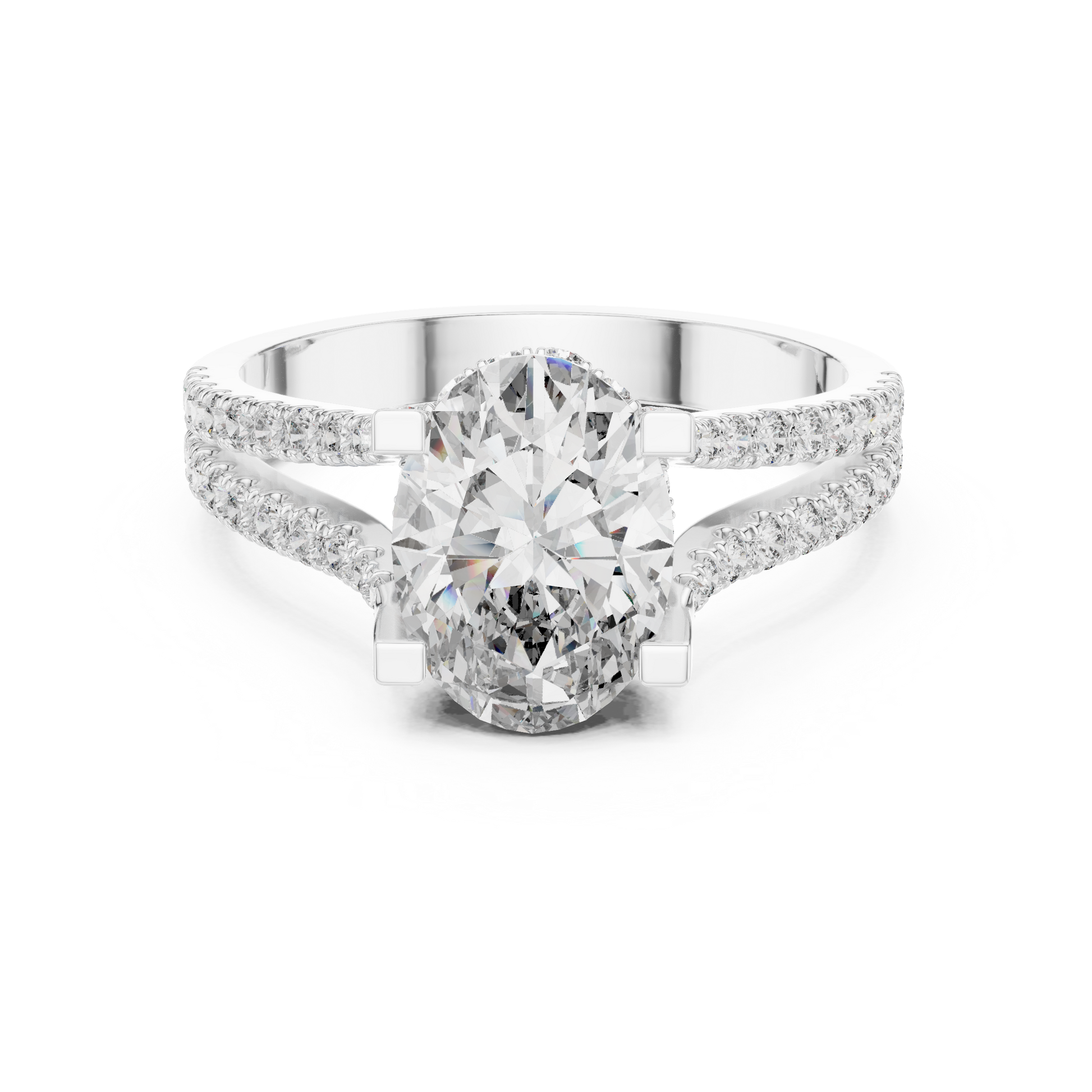 Oval-cut diamond engagement ring with pavé split shank in white gold

Elegant women’s engagement ring featuring oval center and pavé split band

Modern bridal ring with elongated oval diamond and sparkling split shank design