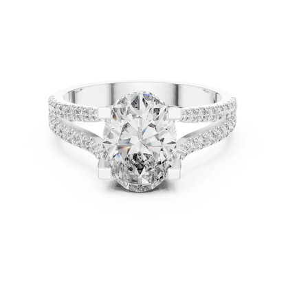 Oval-cut diamond engagement ring with pavé split shank in white gold

Elegant women’s engagement ring featuring oval center and pavé split band

Modern bridal ring with elongated oval diamond and sparkling split shank design