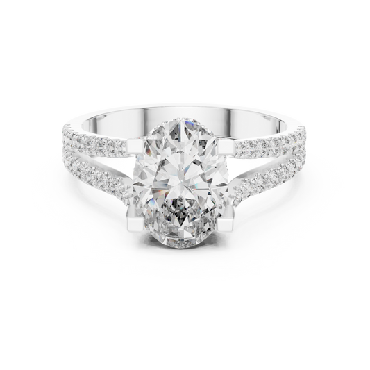 Oval-cut diamond engagement ring with pavé split shank in white gold

Elegant women’s engagement ring featuring oval center and pavé split band

Modern bridal ring with elongated oval diamond and sparkling split shank design