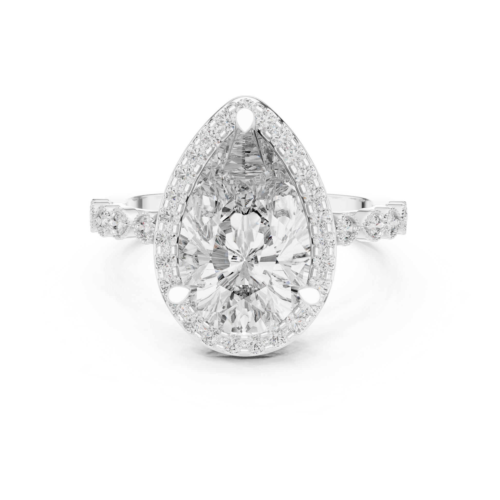 Pear-cut halo diamond engagement ring in white gold

Elegant women’s engagement ring featuring pear-cut center and halo

Statement bridal ring with teardrop-shaped center diamond and accent stones