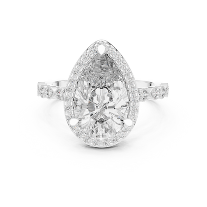 Pear-cut halo diamond engagement ring in white gold

Elegant women’s engagement ring featuring pear-cut center and halo

Statement bridal ring with teardrop-shaped center diamond and accent stones