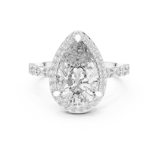 Pear-cut halo diamond engagement ring in white gold

Elegant women’s engagement ring featuring pear-cut center and halo

Statement bridal ring with teardrop-shaped center diamond and accent stones