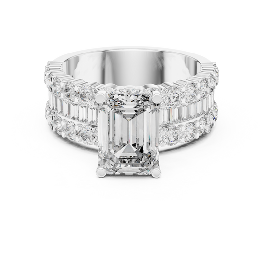 Three-stone emerald-cut diamond engagement ring with tapered baguette sides in white gold

Elegant women’s engagement ring featuring emerald-cut center and baguette diamonds

Classic bridal ring with geometric sparkle and sophisticated design