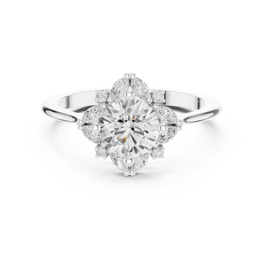 Lab‑grown diamond sunflower ring in sterling silver

Floral sunflower motif ring with sparkling diamonds in gold

Elegant women’s ring featuring diamond sunflower design