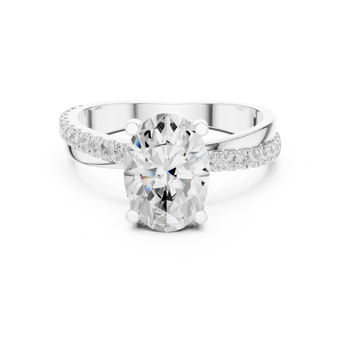 Oval diamond engagement ring with criss-cross pavé band in white gold

Elegant women’s engagement ring featuring oval-cut diamond and pavé crossover band

Modern bridal ring with oval center diamond and criss-cross design