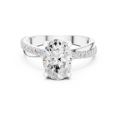 Oval diamond engagement ring with criss-cross pavé band in white gold

Elegant women’s engagement ring featuring oval-cut diamond and pavé crossover band

Modern bridal ring with oval center diamond and criss-cross design