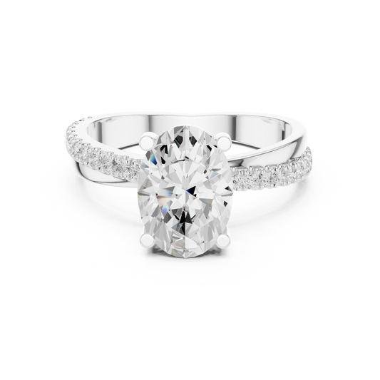 Oval diamond engagement ring with criss-cross pavé band in white gold

Elegant women’s engagement ring featuring oval-cut diamond and pavé crossover band

Modern bridal ring with oval center diamond and criss-cross design