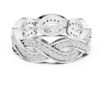 Fancy wave intersecting infinity wedding band with simulated diamonds

Matching wedding band featuring round brilliant-cut diamonds

Elegant stacking or bridal ring with flowing infinity design