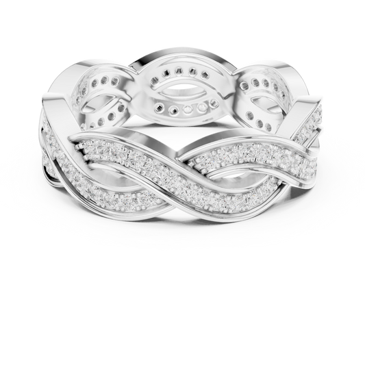 Fancy wave intersecting infinity wedding band with simulated diamonds

Matching wedding band featuring round brilliant-cut diamonds

Elegant stacking or bridal ring with flowing infinity design