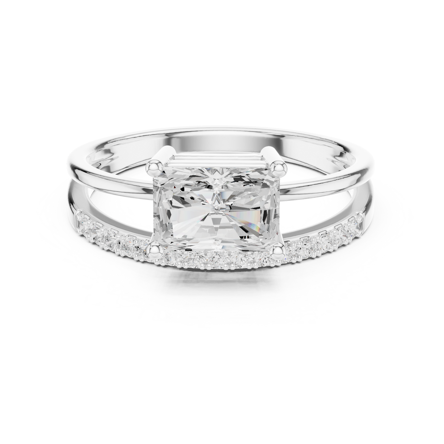 Radiant-cut diamond engagement ring with pavé-set side stones in white gold

Modern solitaire engagement ring featuring radiant-cut diamond and pavé accents

Women’s diamond ring with radiant center and pavé side stones