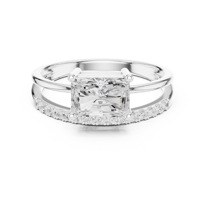 Radiant-cut diamond engagement ring with pavé-set side stones in white gold

Modern solitaire engagement ring featuring radiant-cut diamond and pavé accents

Women’s diamond ring with radiant center and pavé side stones