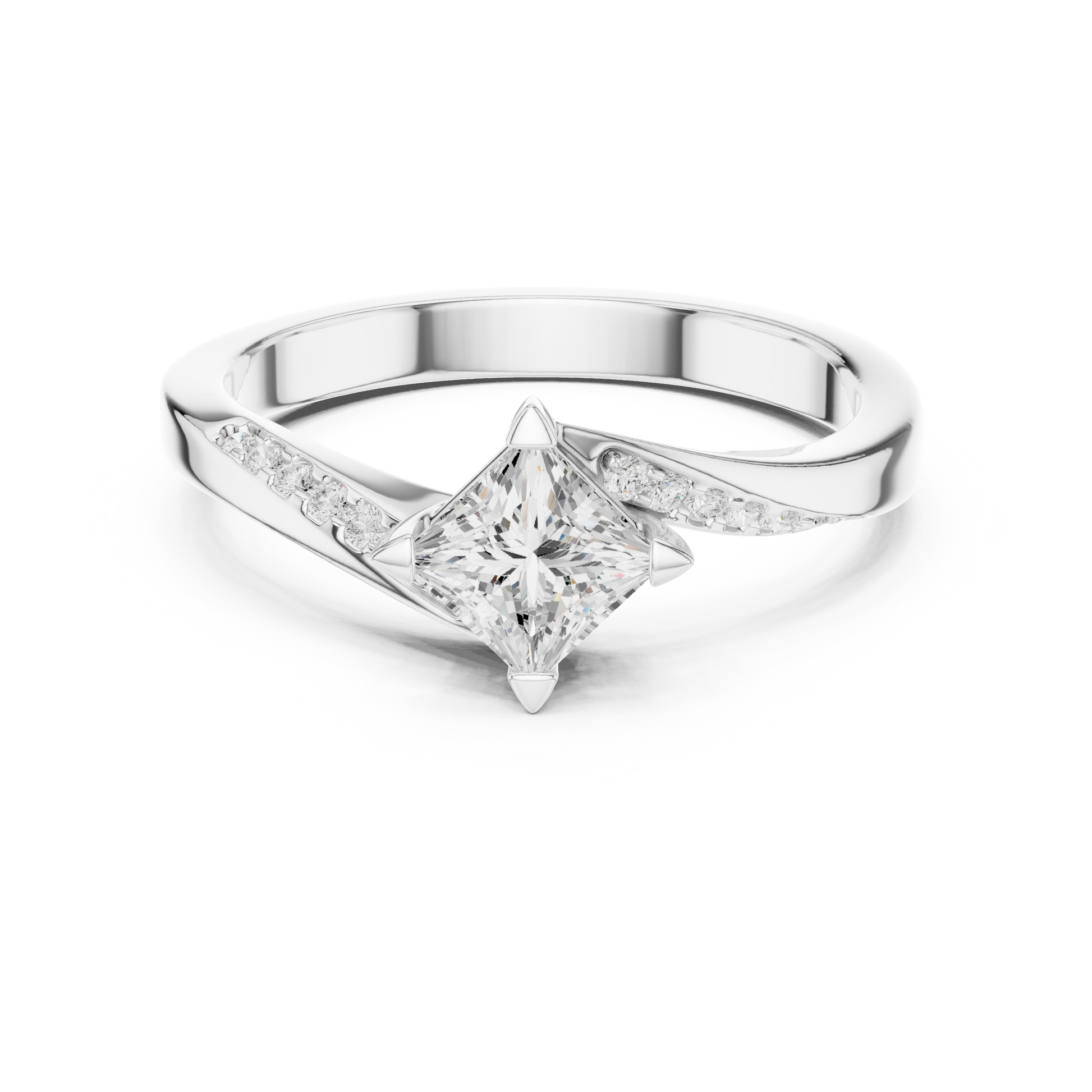 Princess-cut solitaire engagement ring with twisted shoulder accents in white gold

Modern engagement ring featuring princess-cut diamond and twisted shoulders

Women’s solitaire diamond ring with elegant twisted band design