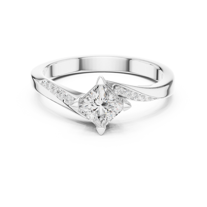Princess-cut solitaire engagement ring with twisted shoulder accents in white gold

Modern engagement ring featuring princess-cut diamond and twisted shoulders

Women’s solitaire diamond ring with elegant twisted band design
