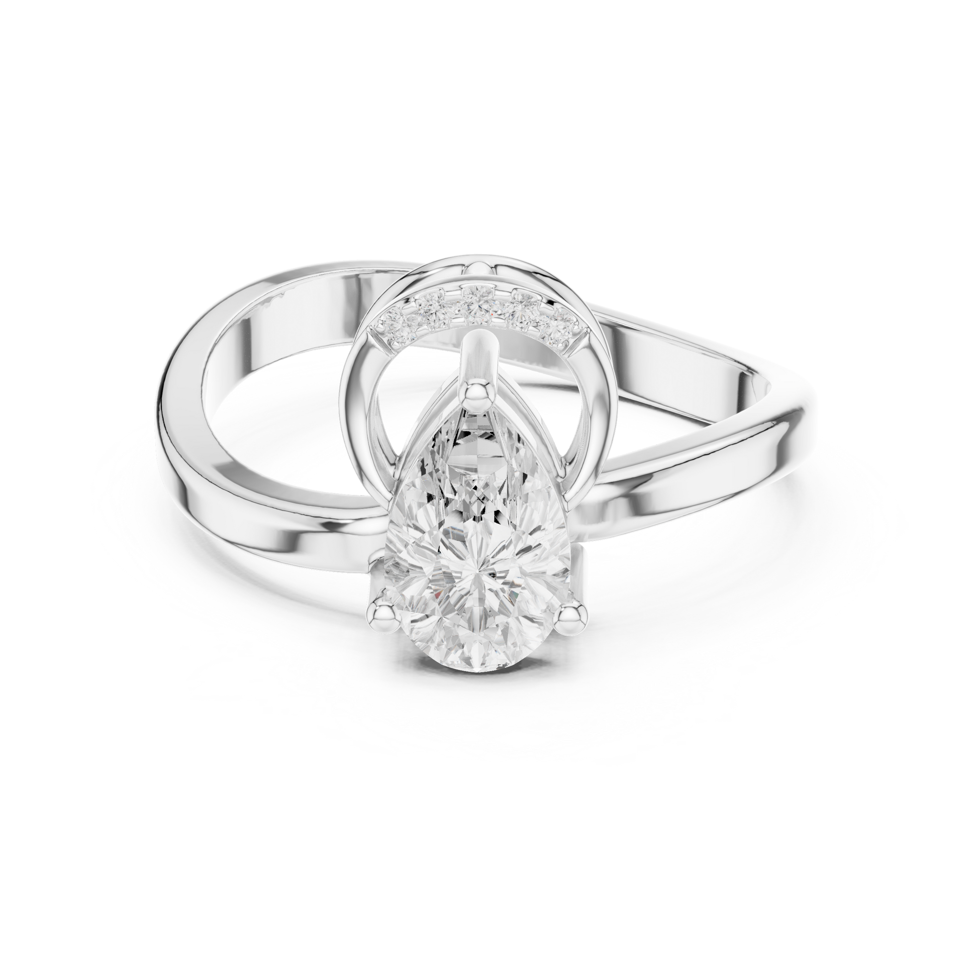 Pear-shaped diamond engagement ring with halo and bypass band in white gold

Elegant interlocking band engagement ring featuring pear-cut diamond

Women’s halo pear-shaped diamond ring with modern bypass design