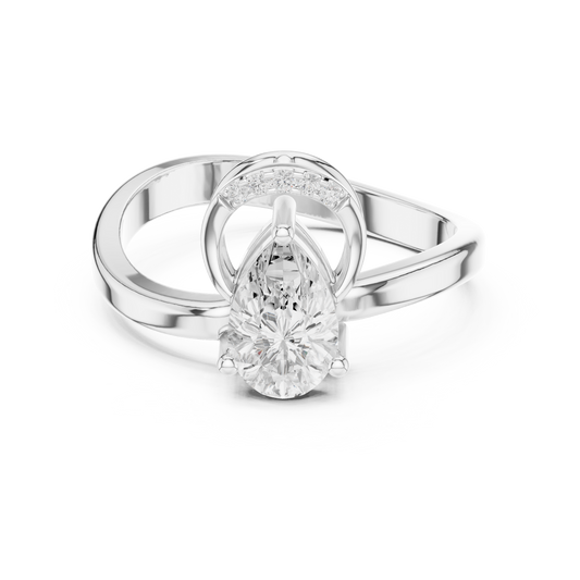 Pear-shaped diamond engagement ring with halo and bypass band in white gold

Elegant interlocking band engagement ring featuring pear-cut diamond

Women’s halo pear-shaped diamond ring with modern bypass design