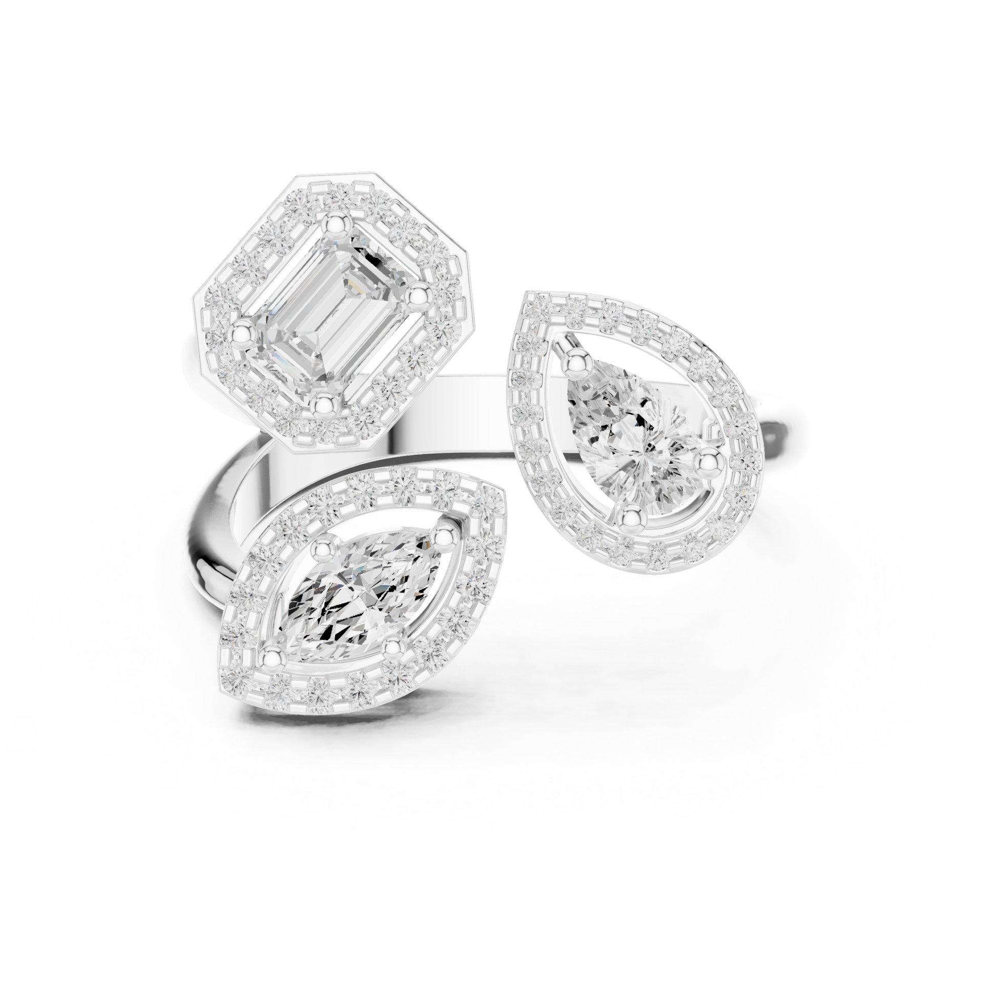 Matisha My Twin Trilogy ring with pear, emerald, and marquise diamonds

Elegant multi-cut diamond trilogy ring in white gold

Women’s statement trilogy ring featuring three unique diamond shapes