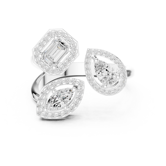 Matisha My Twin Trilogy ring with pear, emerald, and marquise diamonds

Elegant multi-cut diamond trilogy ring in white gold

Women’s statement trilogy ring featuring three unique diamond shapes