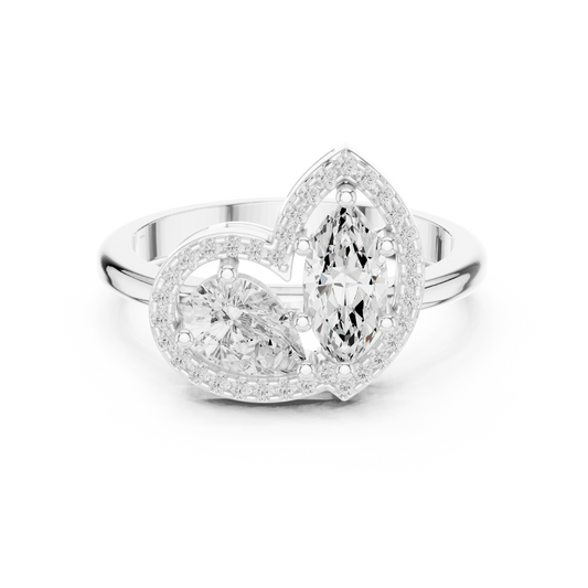 Toi et Moi engagement ring with pear-cut and marquise-cut diamonds in white gold

Elegant two-stone engagement ring in platinum

Modern women’s engagement ring featuring pear and marquise diamonds