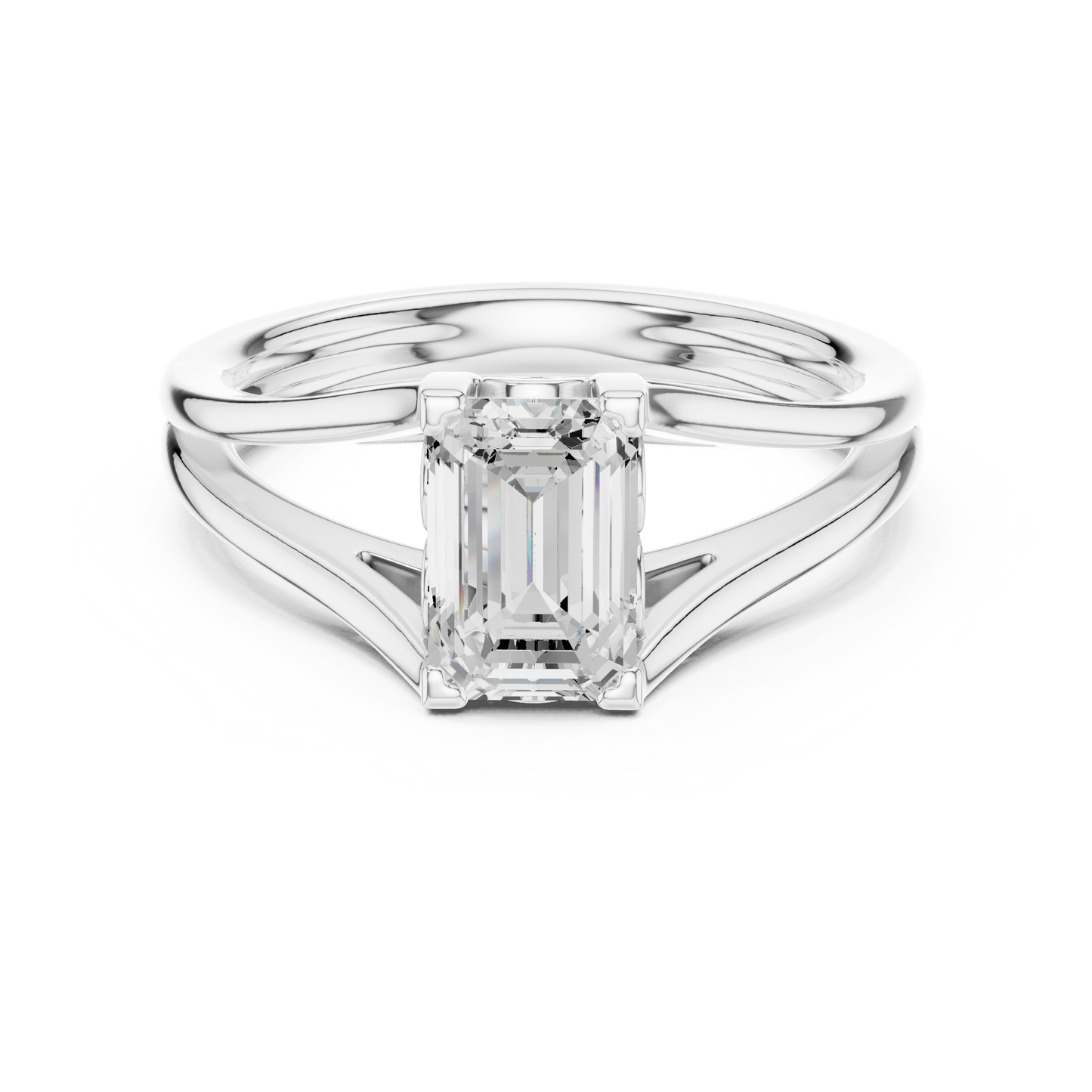 Emerald-cut diamond ring with split-shank band in white gold

Engagement or solitaire ring featuring emerald-cut diamond

Women’s diamond ring with split-shank design and emerald center stone