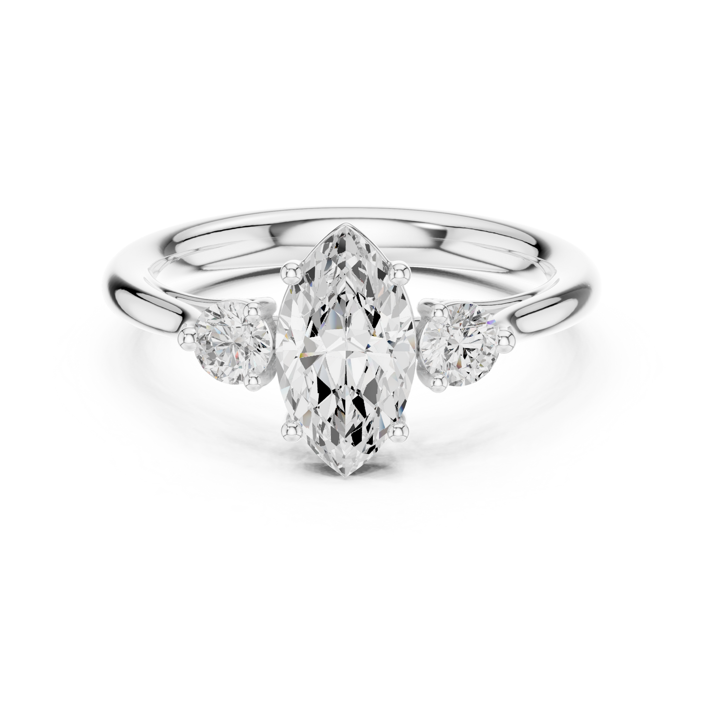 Marquise-cut center diamond engagement ring with two side stones

Three-stone engagement ring with marquise center and round or marquise side stones

Elegant women’s engagement ring featuring marquise center diamond