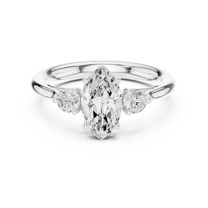 Marquise-cut center diamond engagement ring with two side stones

Three-stone engagement ring with marquise center and round or marquise side stones

Elegant women’s engagement ring featuring marquise center diamond