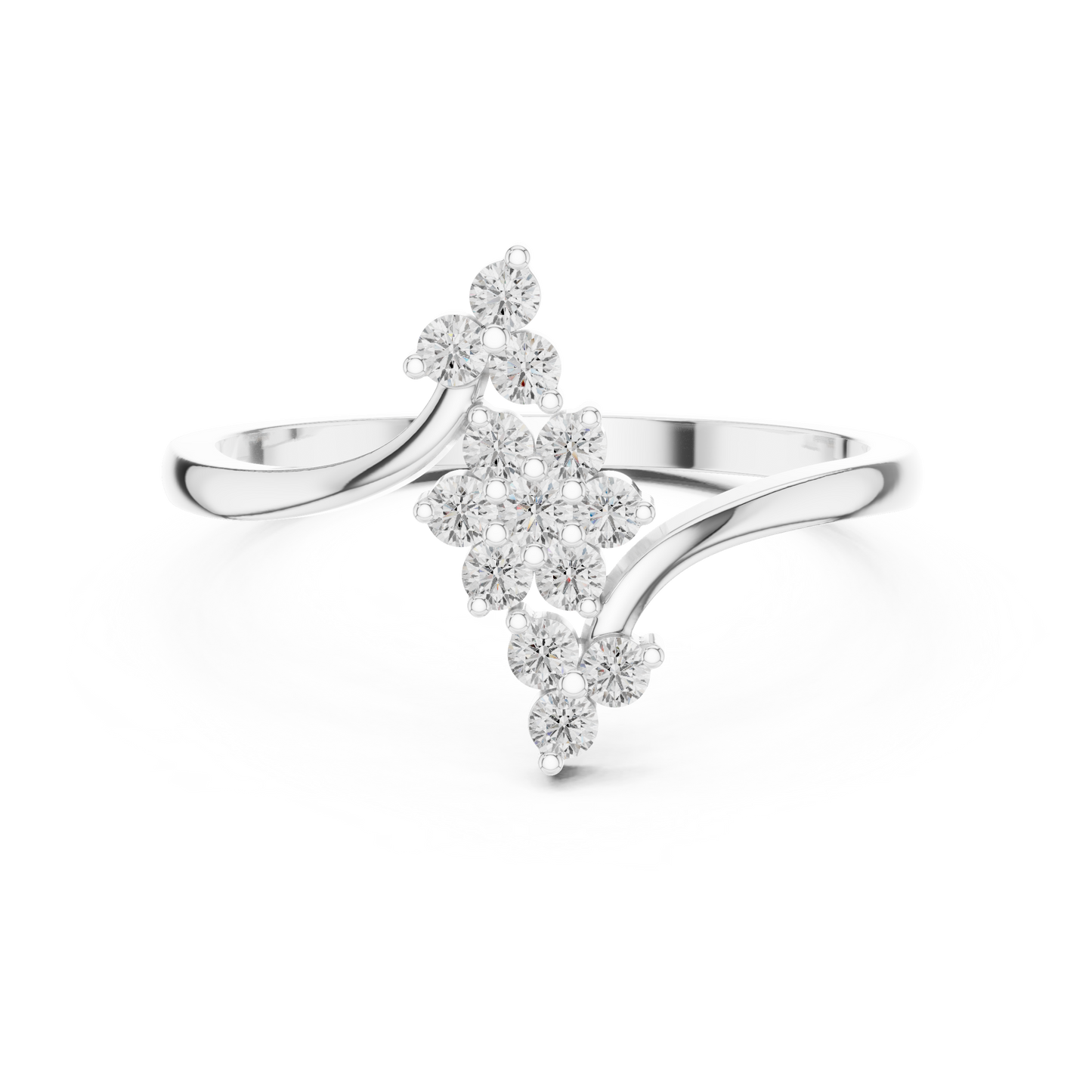 Vighnaharta sterling silver bypass cluster ring with lab-grown diamonds

Modern crossover diamond cluster ring in polished silver

Elegant women’s sterling silver ring with sparkling lab-grown diamonds