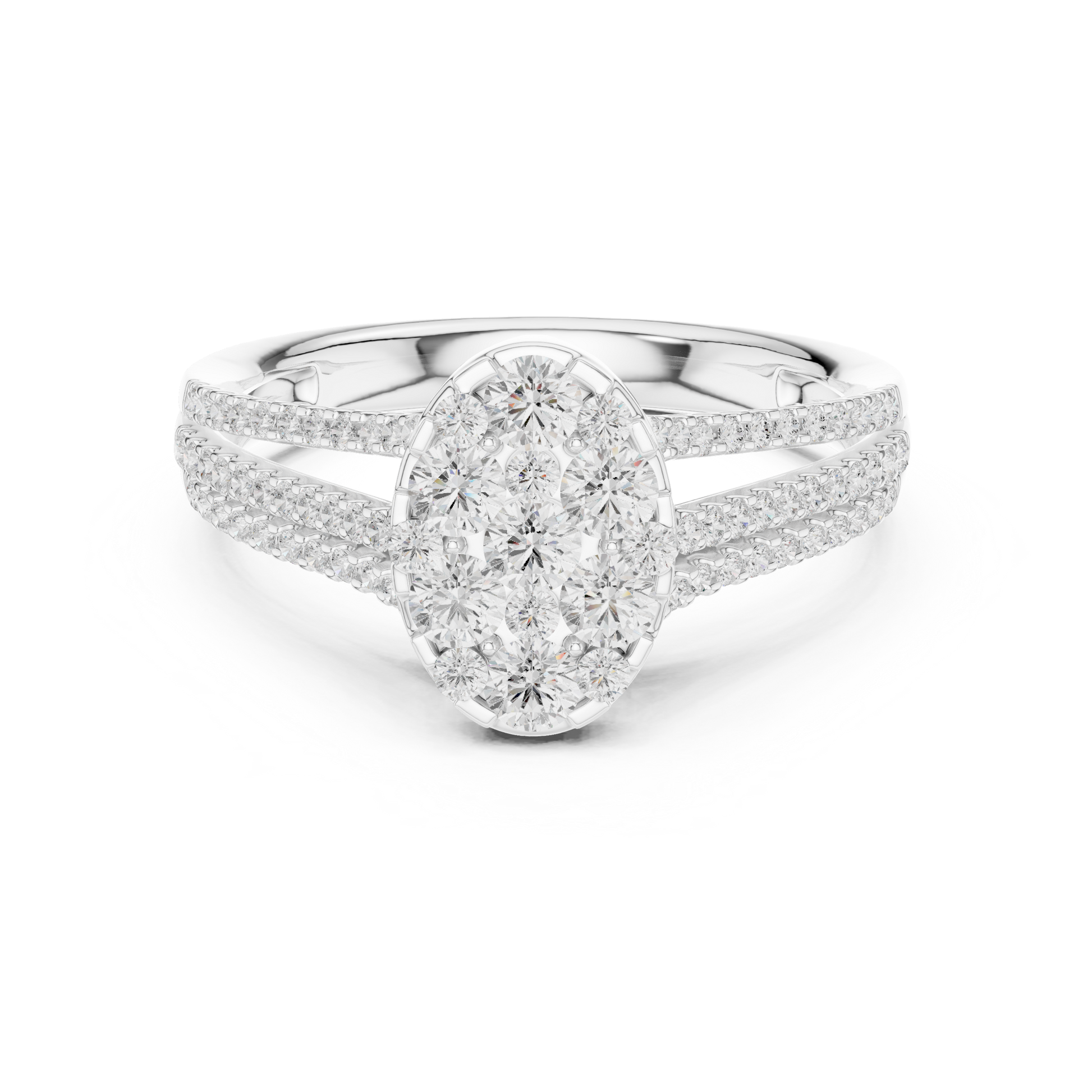 Oval cluster diamond engagement ring with split-shank pavé band

Diamond engagement ring featuring oval-shaped cluster center

White gold engagement ring with split-shank diamond accents