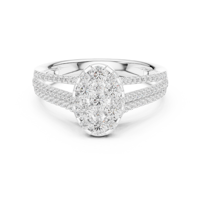 Oval cluster diamond engagement ring with split-shank pavé band

Diamond engagement ring featuring oval-shaped cluster center

White gold engagement ring with split-shank diamond accents