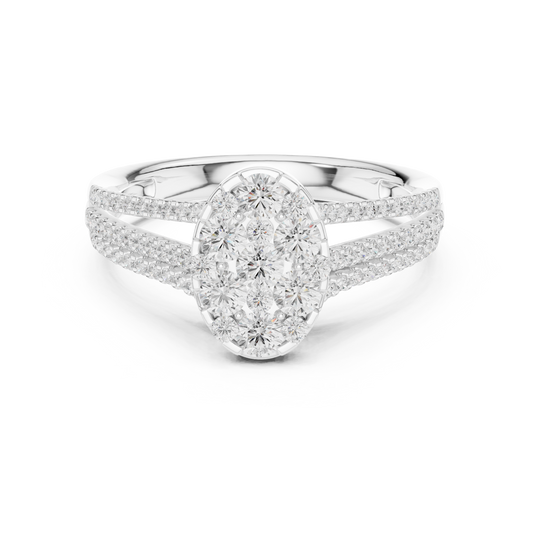 Oval cluster diamond engagement ring with split-shank pavé band

Diamond engagement ring featuring oval-shaped cluster center

White gold engagement ring with split-shank diamond accents