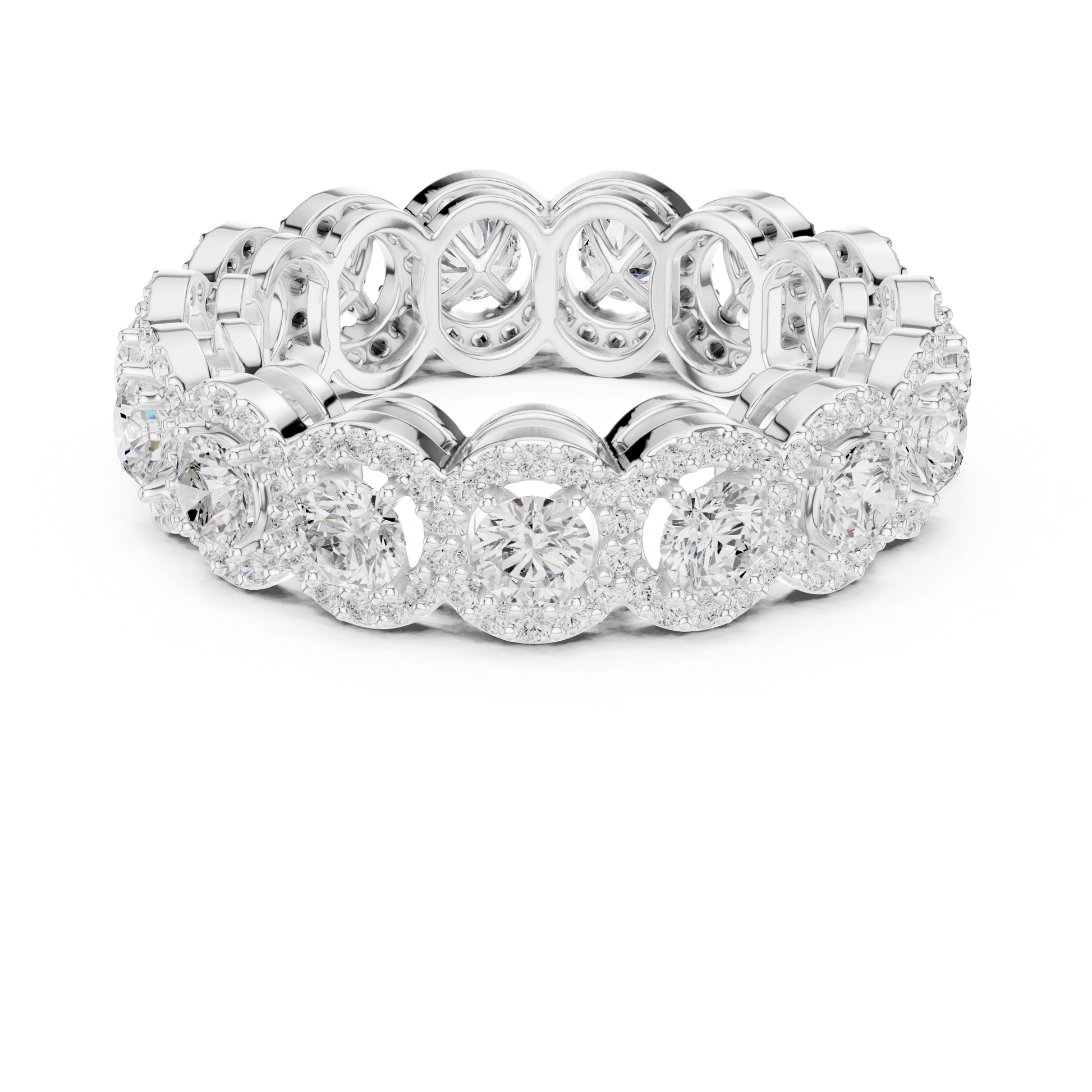 Scalloped halo round diamond eternity ring in white gold

Round diamond eternity band with scalloped halo design

Luxury women’s eternity ring with continuous round diamonds