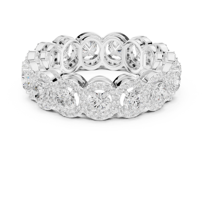 Scalloped halo round diamond eternity ring in white gold

Round diamond eternity band with scalloped halo design

Luxury women’s eternity ring with continuous round diamonds