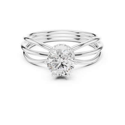 Solitaire diamond engagement ring with round brilliant cut in multi-band setting

Modern multi-band solitaire engagement ring in white gold

Women’s engagement ring featuring round brilliant solitaire diamond