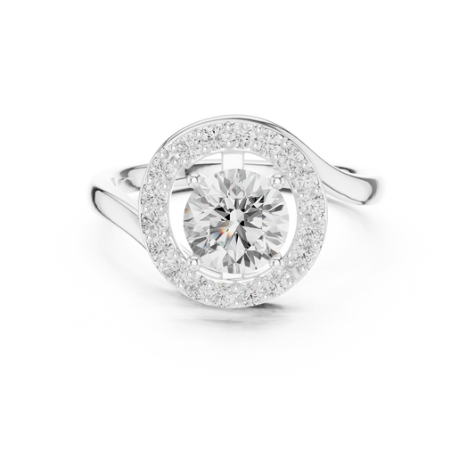 White gold hidden halo engagement ring with round lab-grown diamond

Round center diamond ring featuring hidden halo side view

Modern white gold engagement ring with subtle hidden halo design