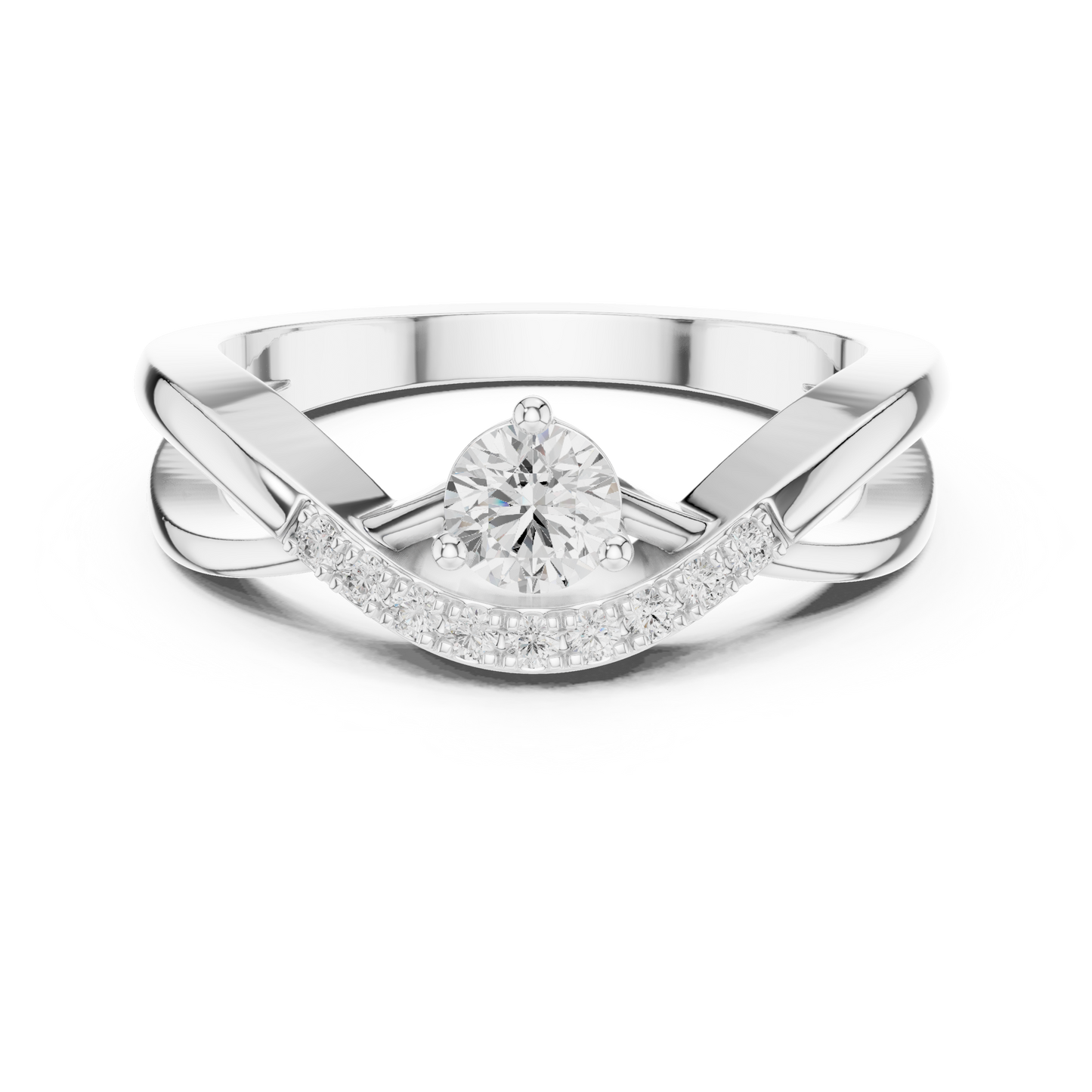 Crossover engagement ring with round center stone and pavé accents

Curved band diamond ring featuring crossover design in white gold

Women’s engagement ring with round center diamond and pavé-set band
