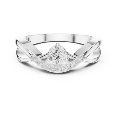 Crossover engagement ring with round center stone and pavé accents

Curved band diamond ring featuring crossover design in white gold

Women’s engagement ring with round center diamond and pavé-set band