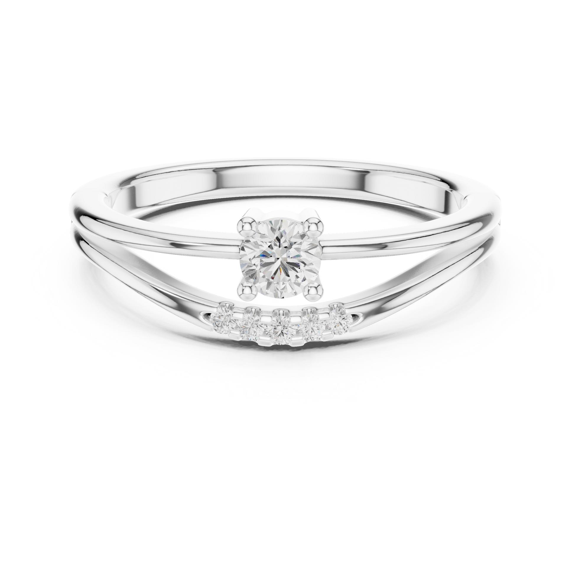 Split-shank engagement ring with four-prong center diamond

Diamond engagement ring featuring curved split-shank band with accent stones

White gold engagement ring with four-prong setting and pavé accents