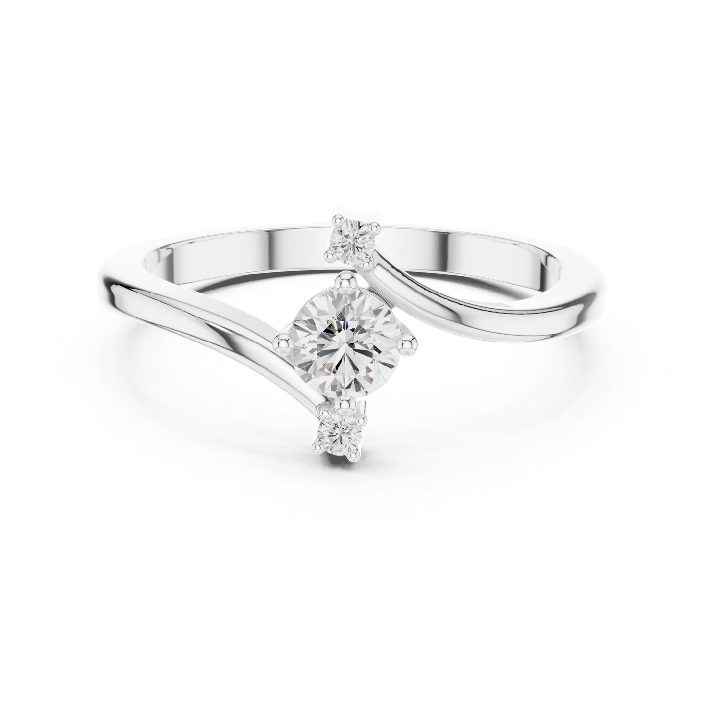 Bypass three-stone diamond ring in white gold

Modern crossover ring with three sparkling diamonds

Women’s engagement ring featuring bypass band and three-stone setting