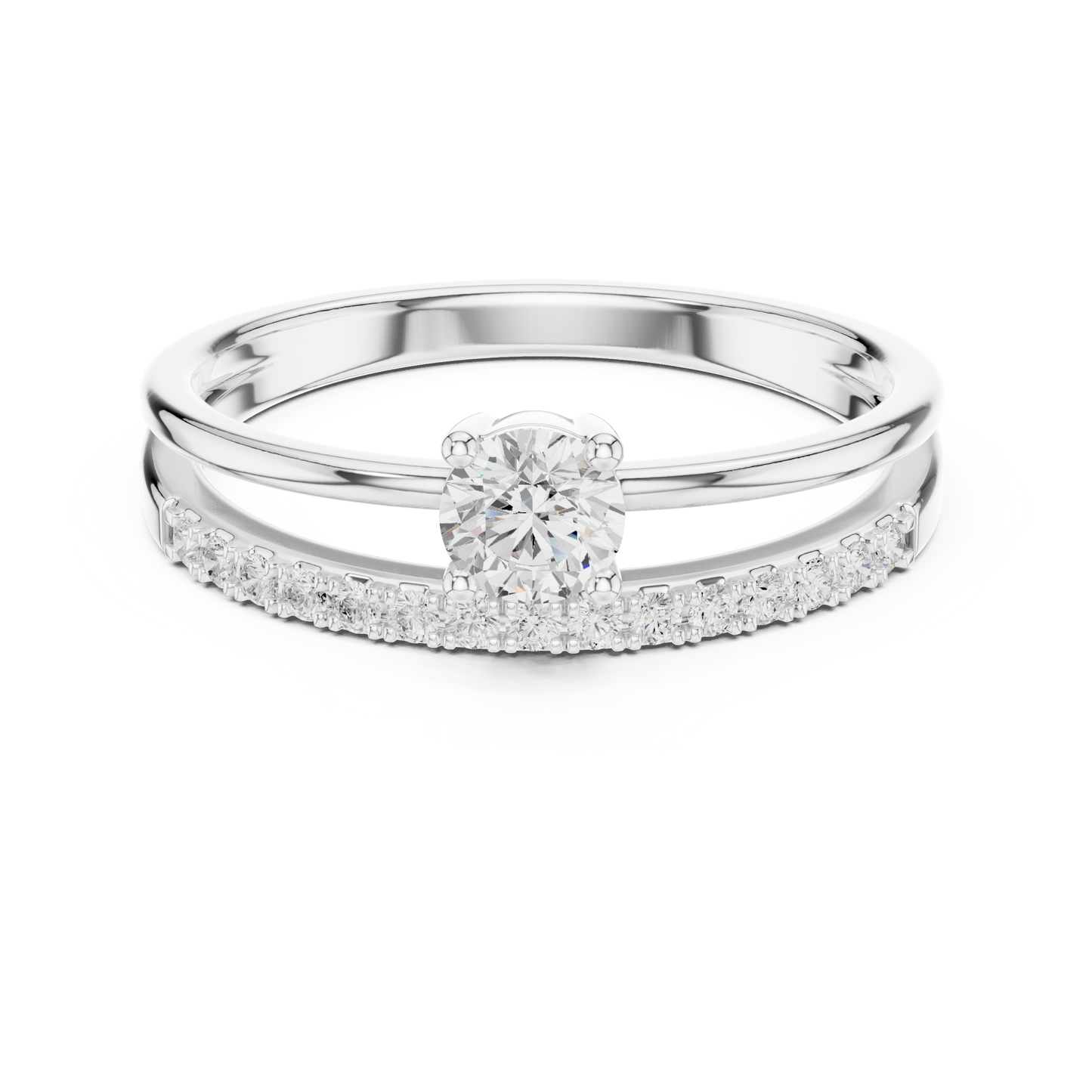 Double band prong-set diamond ring wrap in white gold

Diamond ring guard featuring twin bands with prong-set diamonds

Engagement ring enhancer with double band diamond wrap