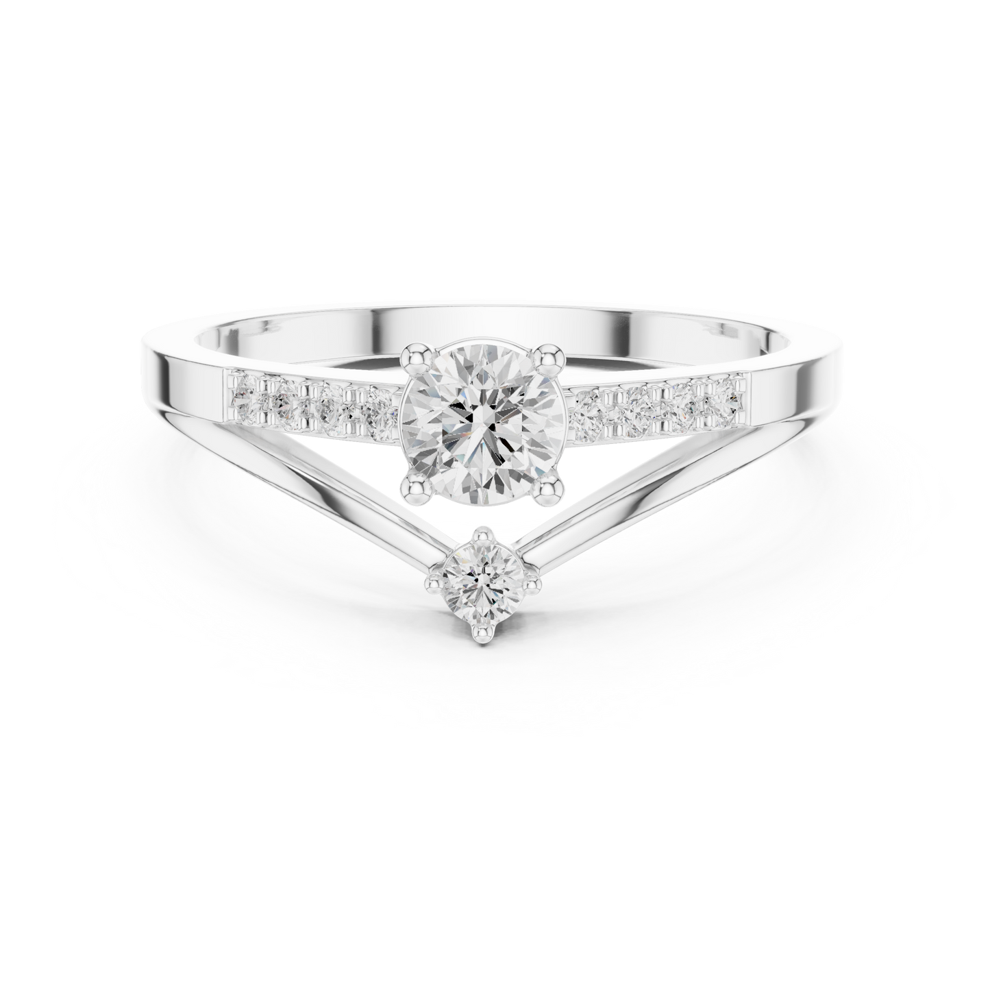 V-shaped solitaire diamond engagement ring with channel-set side stones in 935 silver

White gold engagement ring featuring V-shaped band with sparkling diamonds

Modern women’s engagement ring with solitaire center and channel-set accents