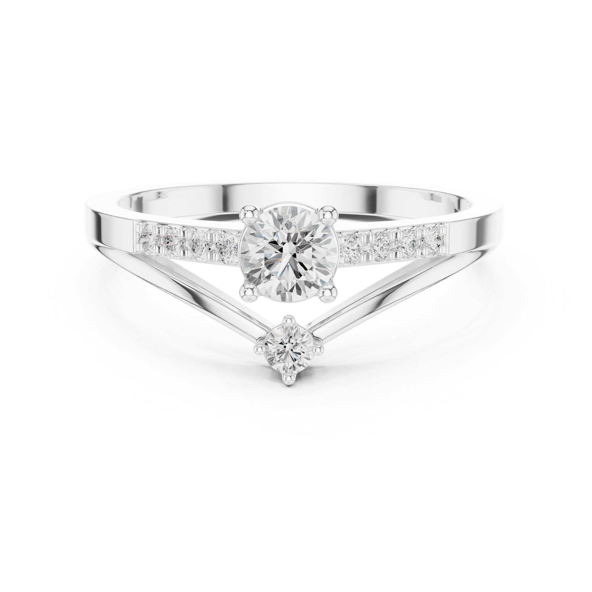 V-shaped solitaire diamond engagement ring with channel-set side stones in 935 silver

White gold engagement ring featuring V-shaped band with sparkling diamonds

Modern women’s engagement ring with solitaire center and channel-set accents