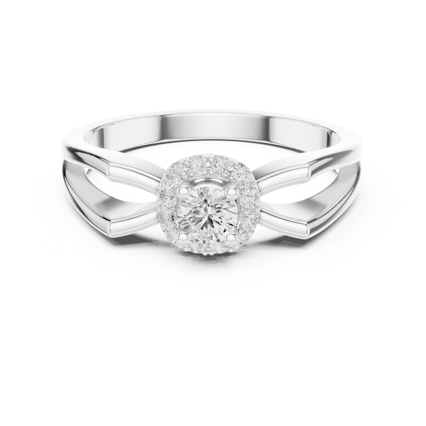 Halo diamond engagement ring with split-shank band in 935 silver

White gold engagement ring featuring halo center and split-shank design

Modern women’s engagement ring with sparkling halo and split-shank accents