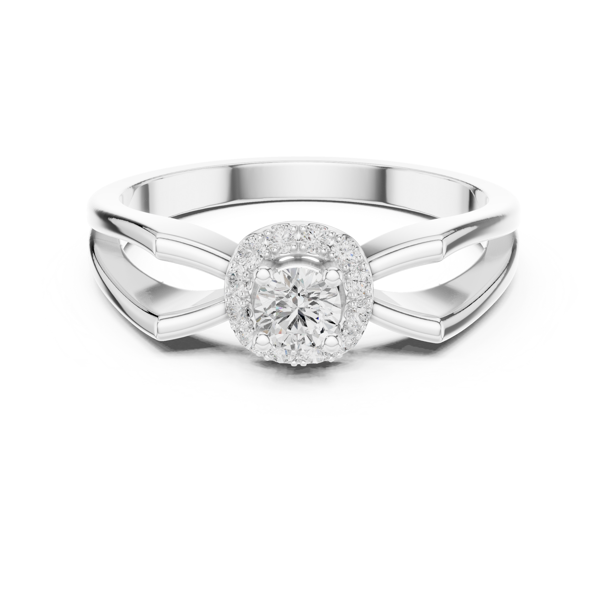 Halo diamond engagement ring with split-shank band in 935 silver

White gold engagement ring featuring halo center and split-shank design

Modern women’s engagement ring with sparkling halo and split-shank accents