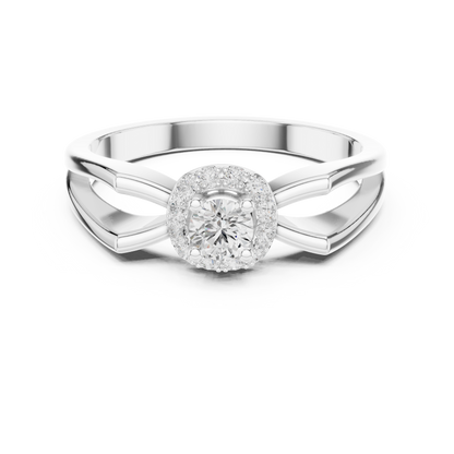 Halo diamond engagement ring with split-shank band in 935 silver

White gold engagement ring featuring halo center and split-shank design

Modern women’s engagement ring with sparkling halo and split-shank accents