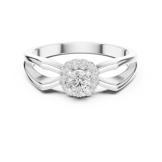 Halo diamond engagement ring with split-shank band in 935 silver

White gold engagement ring featuring halo center and split-shank design

Modern women’s engagement ring with sparkling halo and split-shank accents