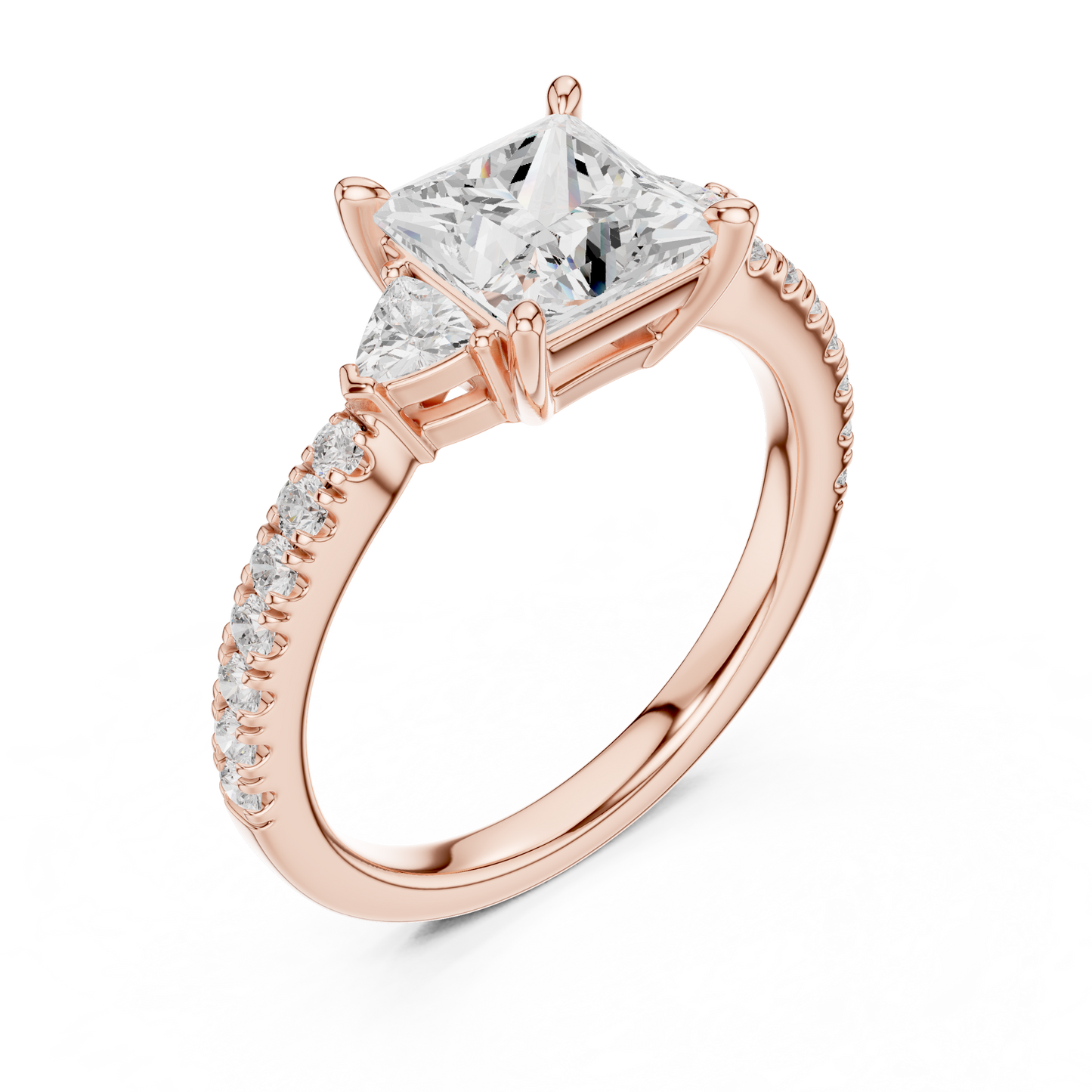 Princess-Cut Center Diamond Engagement Ring | Trillion Side Stones on Pavé Band