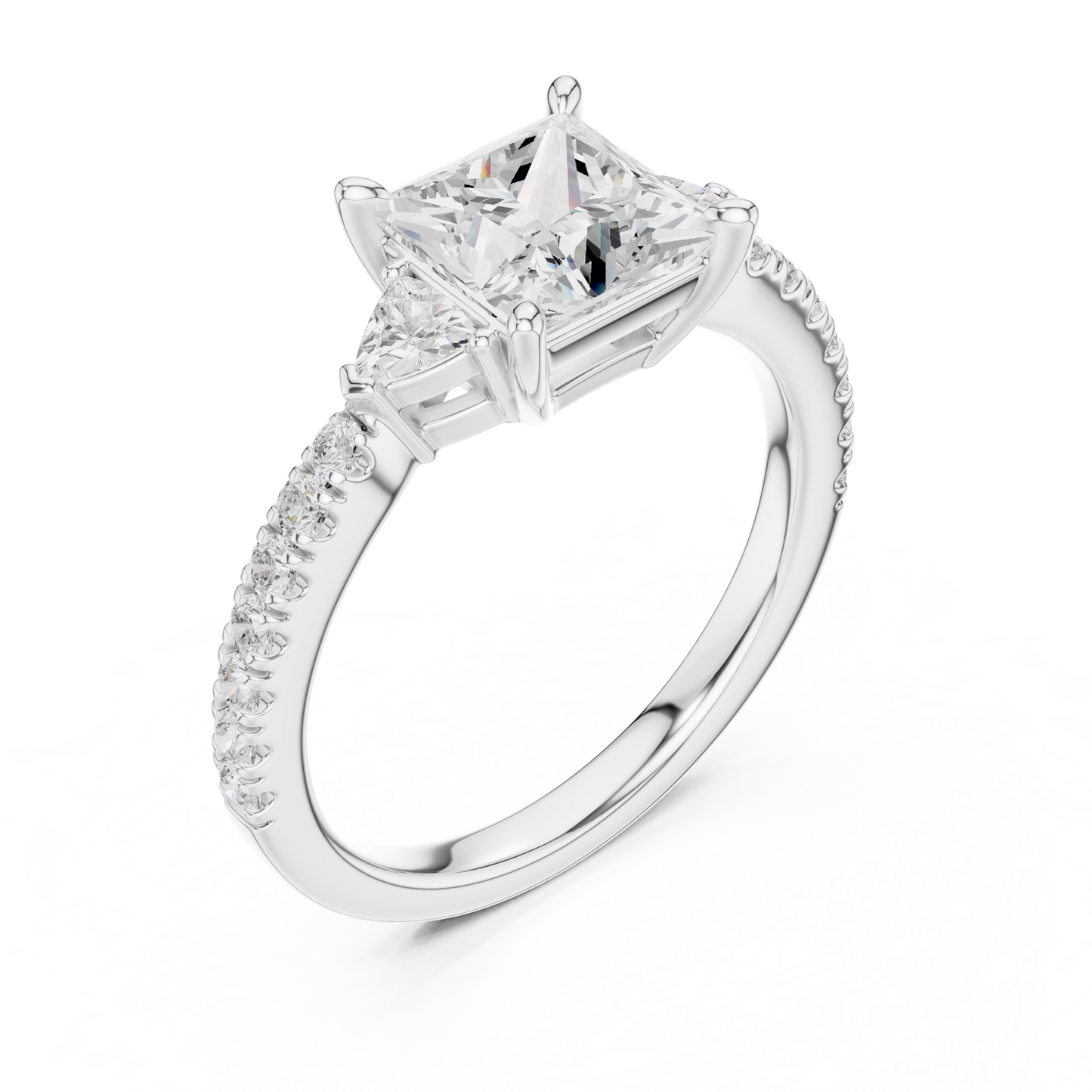 Princess-Cut Center Diamond Engagement Ring | Trillion Side Stones on Pavé Band