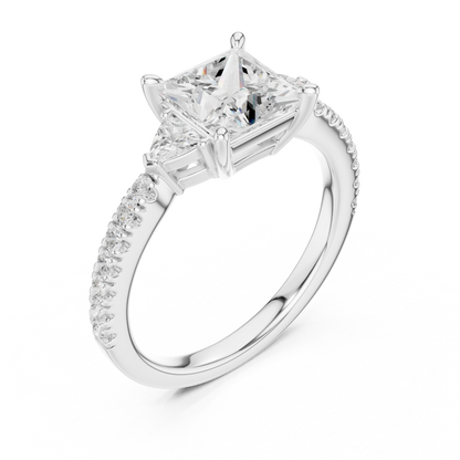 Princess-Cut Center Diamond Engagement Ring | Trillion Side Stones on Pavé Band