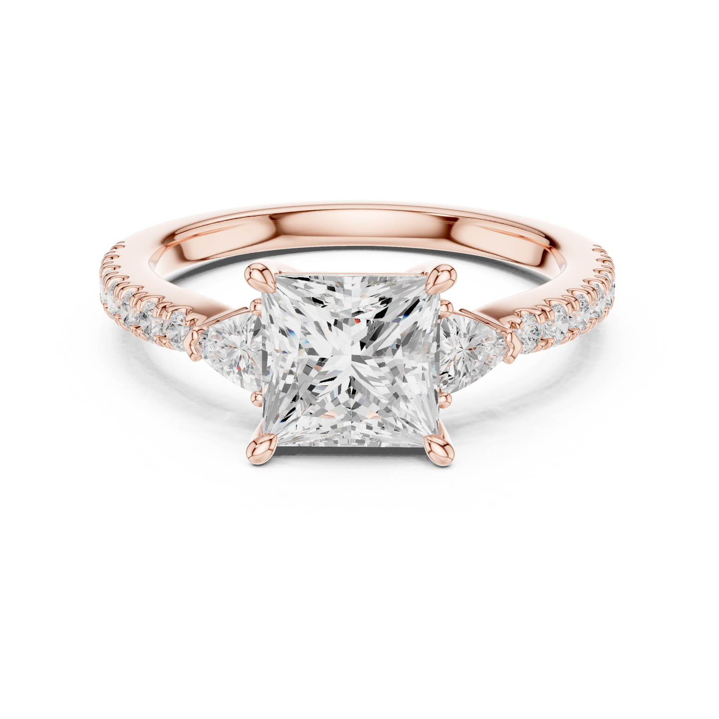 Princess-Cut Center Diamond Engagement Ring | Trillion Side Stones on Pavé Band