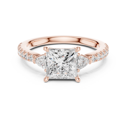 Princess-Cut Center Diamond Engagement Ring | Trillion Side Stones on Pavé Band